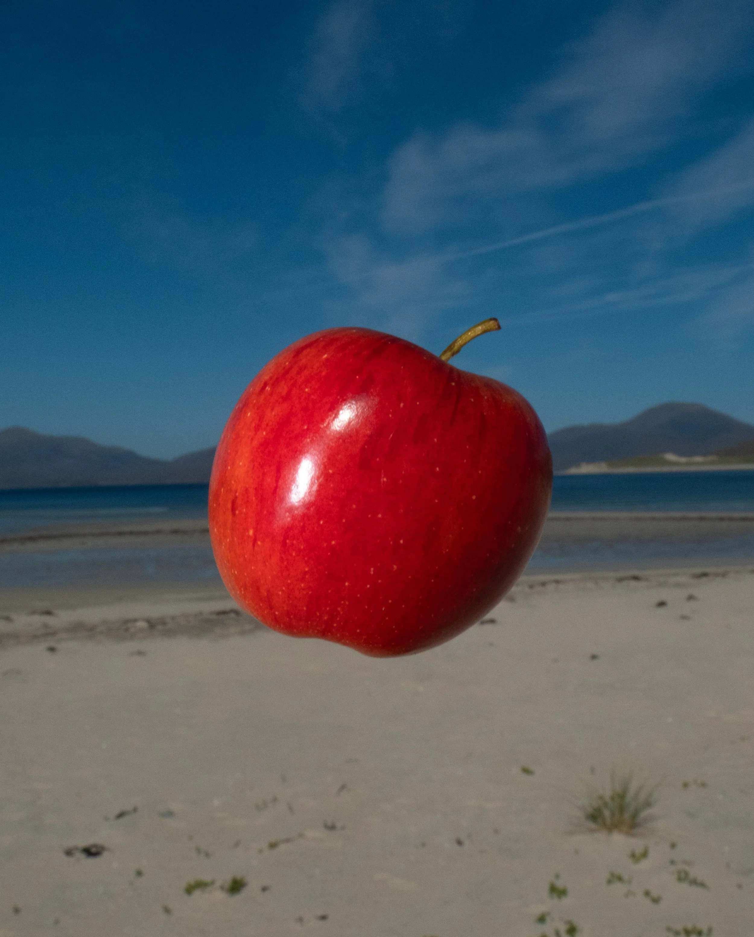 Image of suspended red apple against a blurred beach scene background.