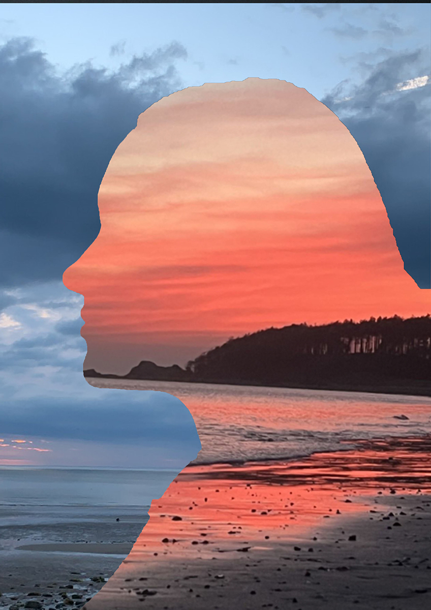 Image form exhibition showing a seascape with the profile of a person superimpose.